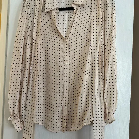 Emerson Fry • Frankie Blouse 30's Print Silk Cream Dotted Puff Sleeve Small - Picture 4 of 6